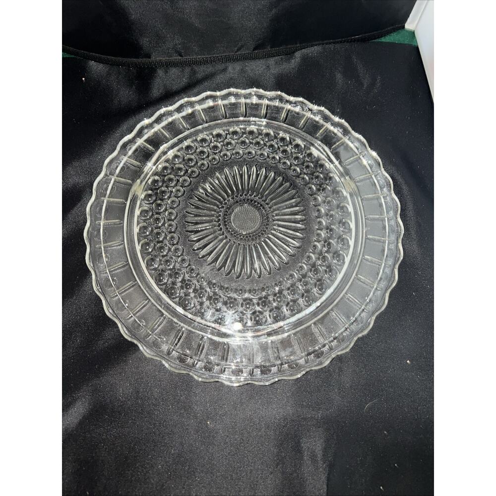Vintage Federal Glass Sunburst/Dots Depression Glass Clear Footed Cake Plate